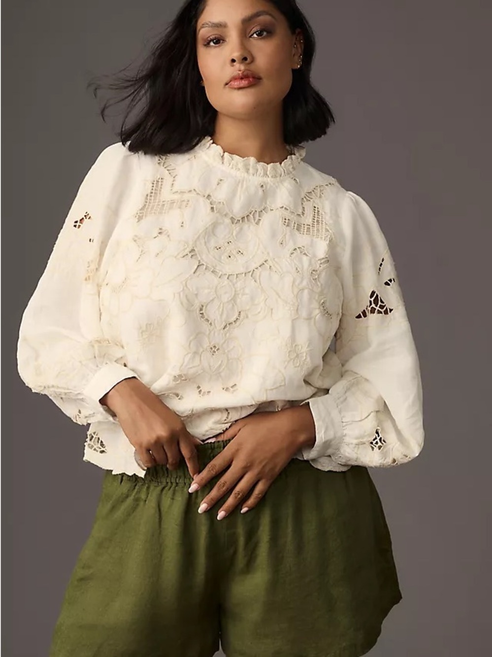 NWT Anthropologie Lainie Long Sleeve Lace Cutwork Blouse Ivory XL